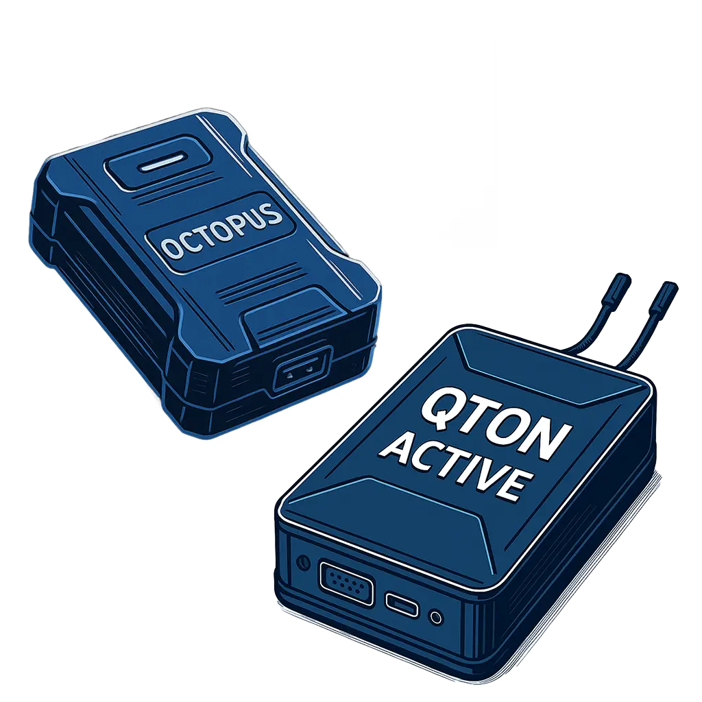 Active + Octopus – סט כפול של שתי מערכות איתור לרכב: מערכת פעילה עם ניתוק סטרטר ולוח מקשים, לצד מערכת חצי פעילה עם חיבור מוקד ואפליקציה מבית Qton